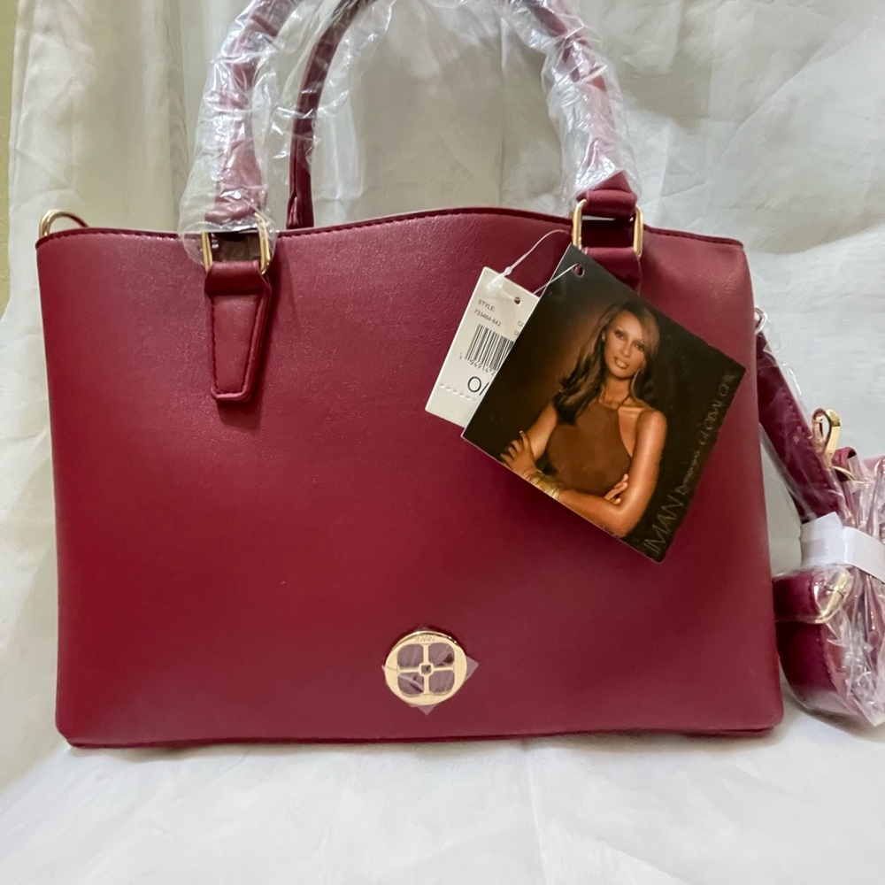 IMAN Global Chic 2-in-1 Tote/Crossbody-Cranberry/Black/Plaid NWT